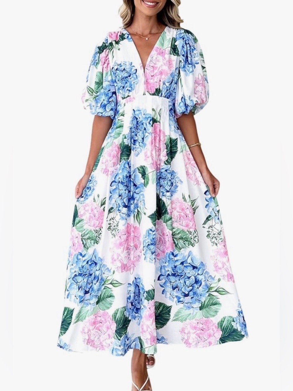 NWT Sissyaki Floral Hydrangea Maxi Dress Size Small Puff Sleeves | Cottagecore